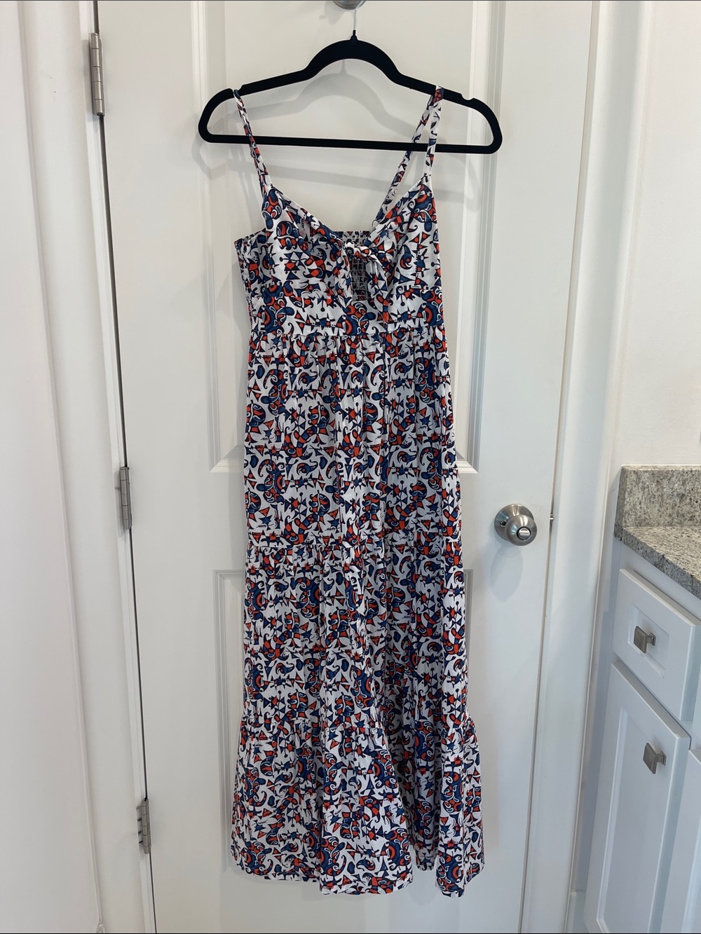 Xirena Spaghetti-Strap Maxi Dress in White with Navy & Red Accents